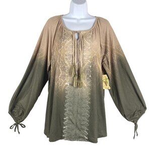 One World Peasant‎ Top Women's 3X Printed Tassel Tie Boho NWT TP-1833